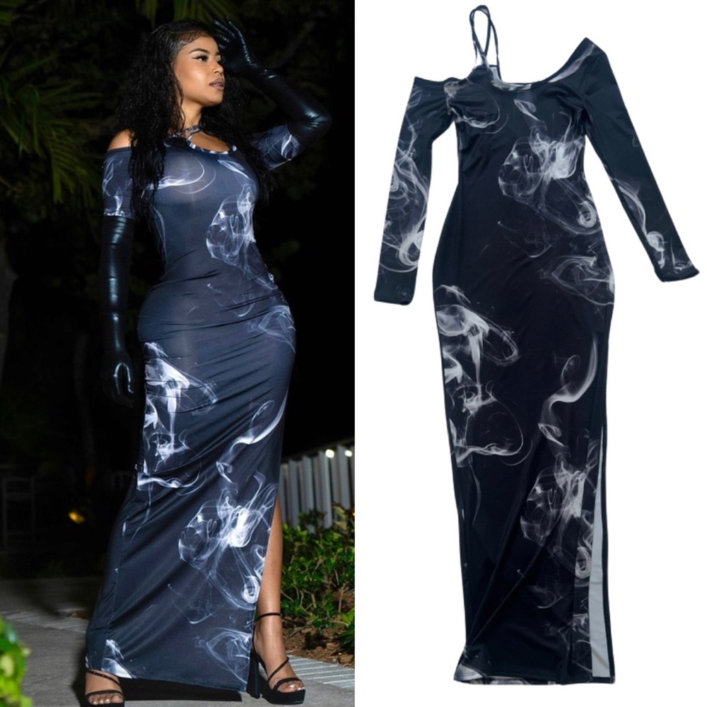 Long sleeve black evening dress open leg black smoke stretchy S